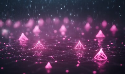 Neon pink geometric shapes glow in a misty, water-like environment.