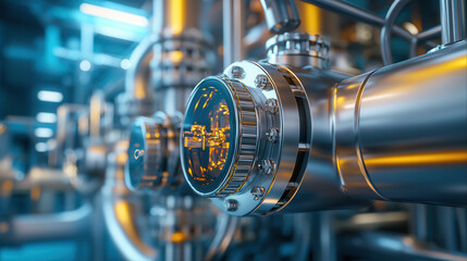 Fototapeta premium polished steel industrial pipeline with intricate details and glowing components, showcasing modern and futuristic design in factory setting