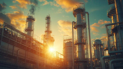 modern industrial plant with sleek steel towers and pipelines, illuminated by warm sunset, creating dramatic and futuristic atmosphere