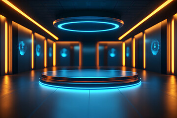 A Captivating Futuristic Podium with Glowing Neon Accents and Sleek Design