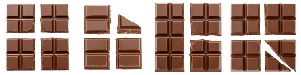 Set of Broken Chocolate Bar on White