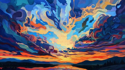 Vibrant Sunset Landscape Painting with Colorful Clouds and Mountains