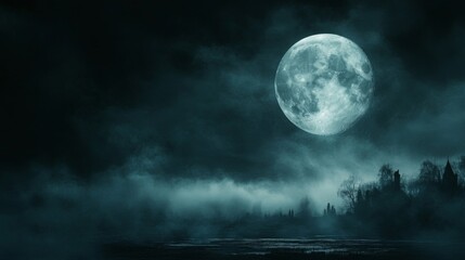 Full Moon over Foggy Landscape at Night