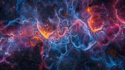 A vibrant and colorful cosmic abstract with swirling patterns in hues of blue, purple, and orange, evoking a sense of wonder.