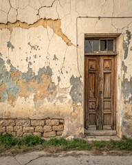 Fototapeta premium A door with a wooden frame is in front of a wall that is covered in paint