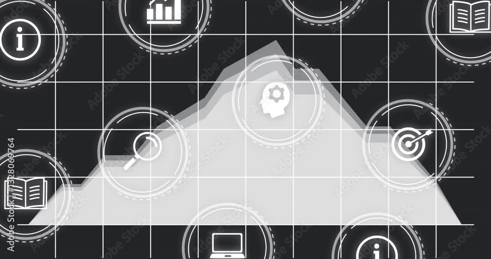 Poster animation of data analysis icons with innovation and goals on grid and mountain backdrop