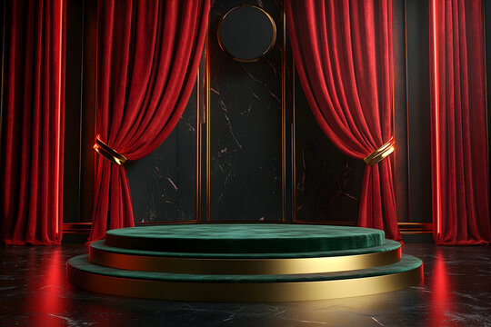 Elegant presentation stage with green velvet podium and red curtain backdrop