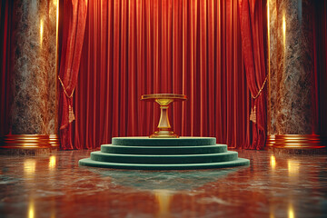 Elegant stage setup featuring a golden podium and rich velvet curtains