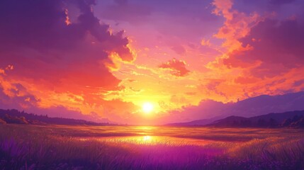 Fototapeta premium Vibrant Sunset Over Purple Field and Calm Water