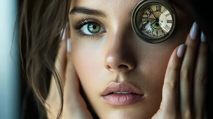 Timeless Beauty: A Portrait of a Woman with a Pocket Watch Over Her Eye - Powered by Adobe