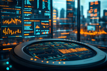 Futuristic data analysis platform displaying financial charts and graphs in control room