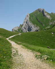 Hiking trail and peak on the Meglisalp, Switzerland.