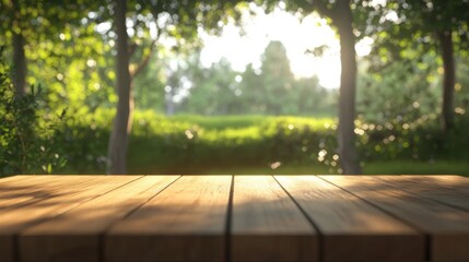 Fototapeta premium Wooden Tabletop in a Sunny Green Park