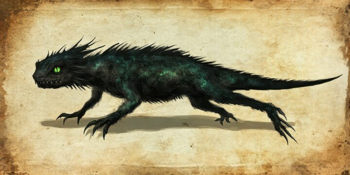 A Green And Black Dragon Creature Walking Across A Parchment Paper