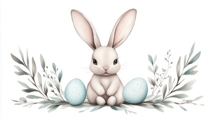 Obraz premium Cute and playful illustration of a rabbit sitting with decorative eggs surrounded by foliage.