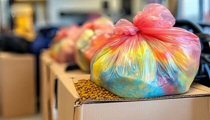 Colorful Bags of Pet Food and Supplies at Donation Drive Event