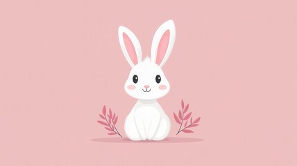 Fototapeta premium Cute cartoon rabbit illustration surrounded by pink leaves on a soft pink background.