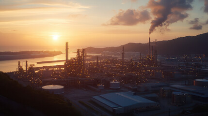 Naklejka premium cutting edge industrial refinery illuminated by warm sunset light, with smoke rising from chimneys and serene coastal backdrop