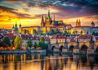 Obraz premium Majestic Prague Castle & Charles Bridge: Panoramic View with High Depth of Field