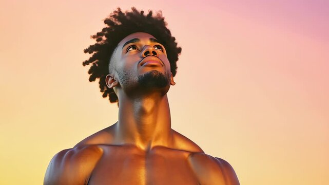 Fit Muscular Transgender Man Posing Against Vibrant Gradient Background Showing Strength and Confidence in Outdoor Setting During Sunset