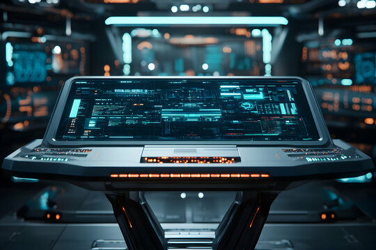 Sleek Silver Futuristic Control Podium Displaying Advanced Technology Interface