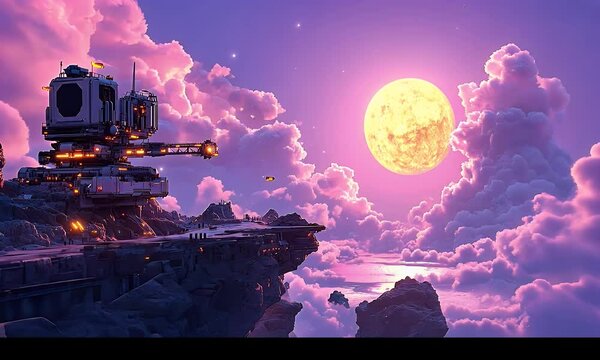 Lunar outpost on a clifftop, vibrant clouds, serene landscape