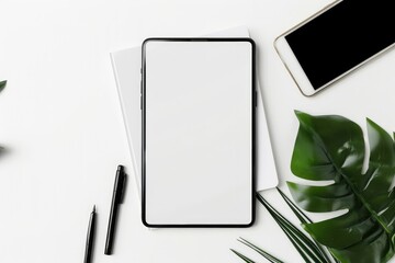 A minimalist white tablet on a clean white background, perfect for branding, advertising and presentation purposes.