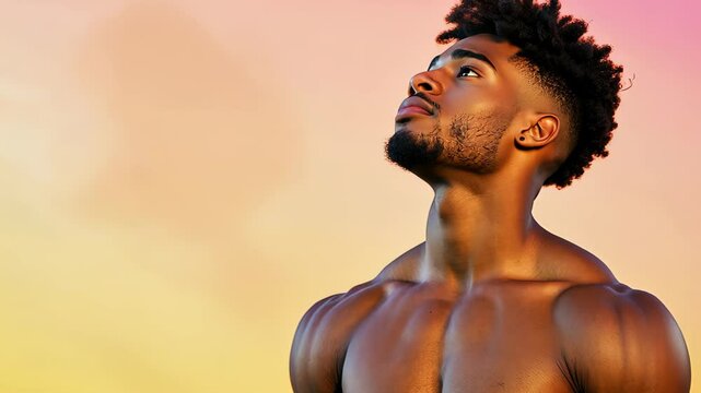 Fit Muscular Transgender Man Posing Against Vibrant Gradient Background Showing Strength and Confidence in Outdoor Setting During Sunset