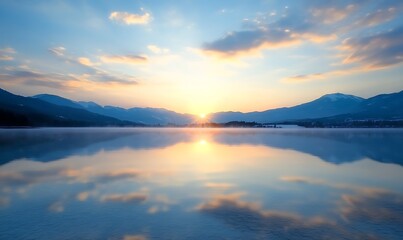 Fototapeta premium Serene sunrise over a tranquil lake with mountains reflecting in the water.