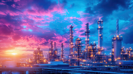 vibrant industrial scene featuring gleaming steel structures and colorful sunset sky