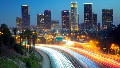 Naklejka premium Los Angeles Skyline at Night: A Dazzling Display of Urban Lights and Cityscapes