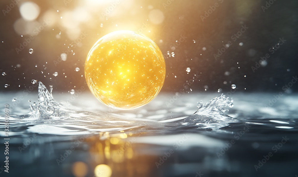 Aufkleber a glowing sphere splashes into water, creating ripples and a magical atmosphere.