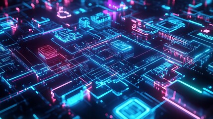 Obraz premium Circuit Board Glowing with Blue and Pink Light Tech Design
