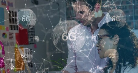 People collaborating on laptop with 6G network and global connections animation - Powered by Adobe