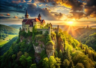 Fototapeta premium Majestic Stone Castle Clifftop Ravine - Epic Fantasy Landscape Stock Photo