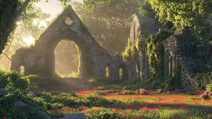An ancient stone structure overgrown with vibrant plants and flowers