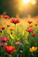 Fototapeta premium Sun-drenched field of wildflowers, soft focus, glowing bokeh , white, flowers