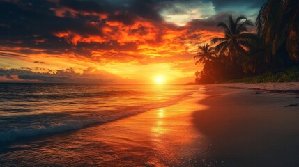 Fiery Orange Sunset Over Tropical Beach