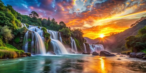 Majestic Sunset Waterfall: Golden Hour Landscape Photography