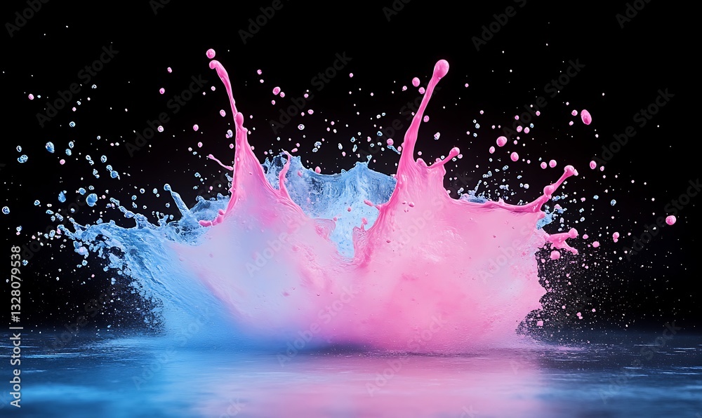 Poster vibrant splash of pink and blue paint against a dark background, creating an artistic visual effect.