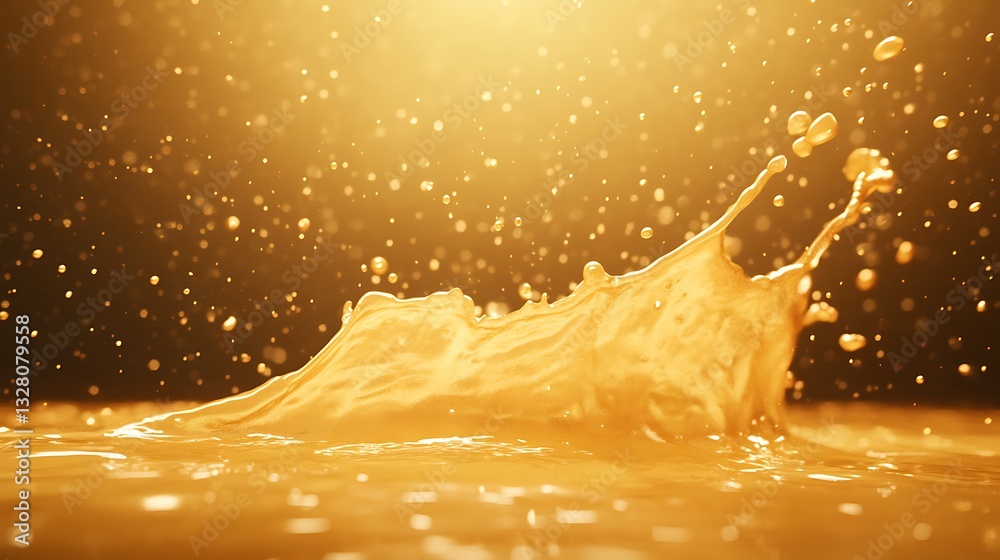 Aufkleber golden liquid splash with sparkling droplets in a warm light setting.