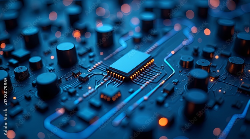 Poster A computer chip is shown in a close up with a blue background