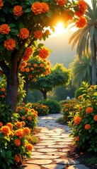 Sun-drenched orange blossoms, Valencia garden , citrus, lush