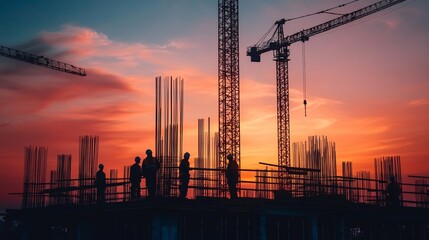 Obraz premium A silhouette of a civil engineer worker with a crane and building in the background, symbolizing construction and infrastructure projects