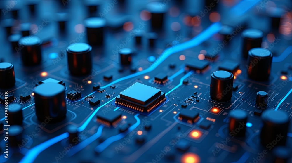 Aufkleber a computer chip is shown in a blue and orange color scheme