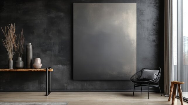 Modern Living Room with Abstract Gray Artwork and Dark Walls