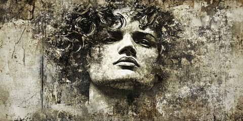 A classical sculpture of a youthful man with curly hair