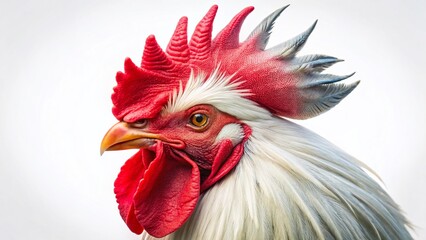 Majestic White Rooster with Large Red Comb, Isolated on White Background - Stock Photo
