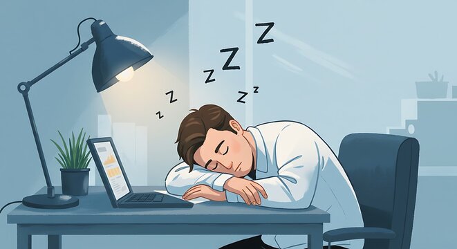 Illustration of exhausted man sleeping at desk - work life balance issues - for article about employee wellbeing