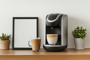 Modern coffee maker with fresh coffee and decorative plants on shelf